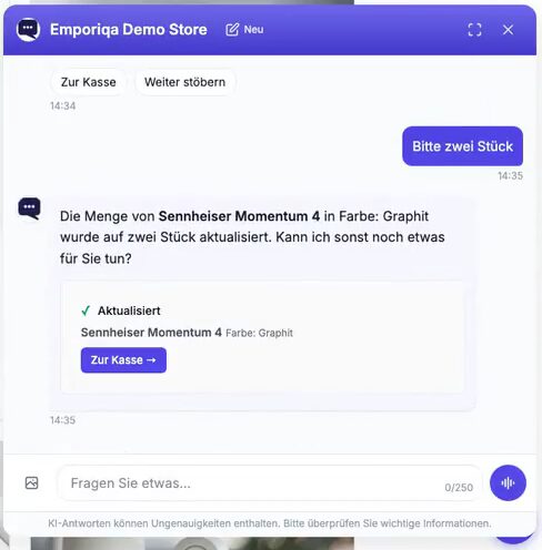 Der Demo-Shop mit geöffnetem Chat. Der Kunde bittet um den Sennheiser Momentum 4 in Graphit, der Chat legt diese Variante in den Warenkorb des Shops und ändert sie auf Wunsch auf zwei Stück; dann bittet der Kunde um die Kasse, und die Kasse des Shops öffnet sich.