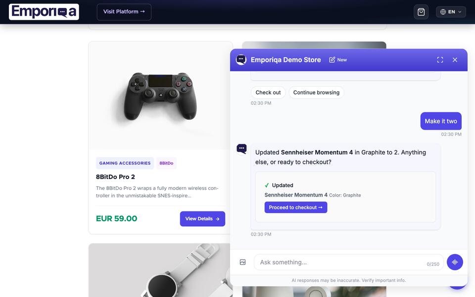 The demo storefront with the chat open. The shopper asks for the Sennheiser Momentum 4 in Graphite, the chat adds that variant to the store's cart and changes it to two when asked, then the shopper asks for the checkout and the store's checkout opens.