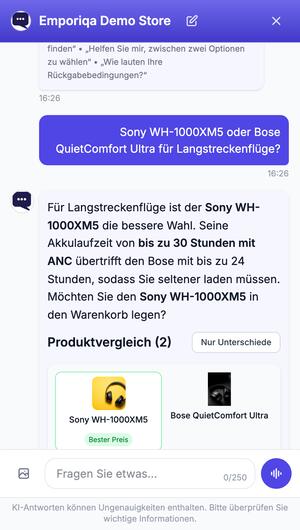 Der Chat vergleicht den Sony WH-1000XM5 und den Bose QuietComfort Ultra für Langstreckenflüge: Er empfiehlt den Sony und zeigt eine Vergleichstabelle mit beiden Artikeln, ihren Preisen und der Akkulaufzeit.