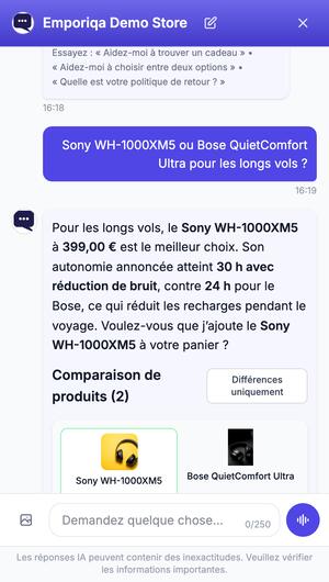 Le chat compare le Sony WH-1000XM5 et le Bose QuietComfort Ultra pour les longs vols : il recommande le Sony et affiche un tableau comparatif avec les deux produits, leurs prix et leur autonomie.