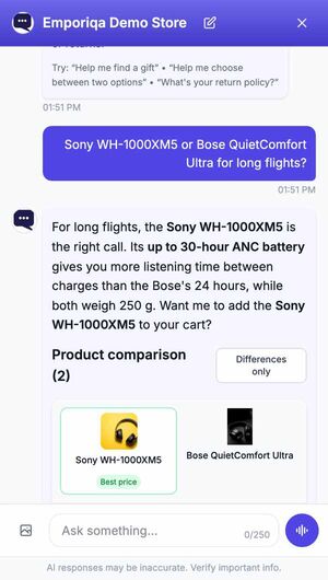 The chat comparing the Sony WH-1000XM5 and the Bose QuietComfort Ultra for long flights: it recommends the Sony and shows a comparison table with both products, their prices and their battery life.