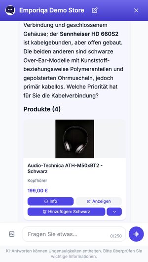 Ein Kunde sendet das Foto eines schwarzen Over-Ear-Kopfhörers und fragt, ob der Shop etwas Ähnliches hat. Der Chat antwortet mit vier ähnlichen Kopfhörern aus dem Demo-Katalog.
