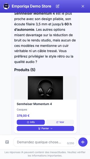 Un client envoie la photo d'un casque circum-aural noir et demande si la boutique a quelque chose de similaire. Le chat recommande le Sennheiser Momentum 4 et affiche cinq casques proches du catalogue de démo.