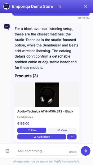 A shopper sends a photo of black over-ear headphones and asks whether the store has something like it. The chat answers with three similar headphones from the demo catalog.