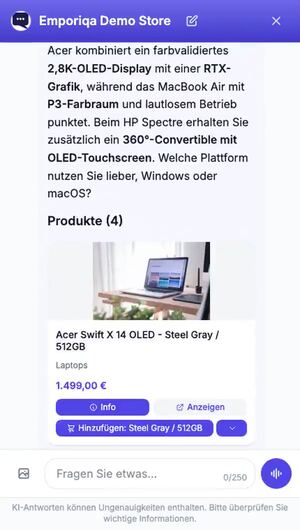 Der Chat beantwortet eine Frage nach Notebooks für die Bildbearbeitung um 1.500 Euro: ein kurzer Vergleich, die Frage nach Windows oder macOS und vier Notebook-Karten mit ihren Preisen.