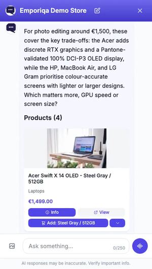 The chat answering a question about laptops for photo editing around 1,500 euros: a short comparison, a question about GPU speed or screen size, and four laptop cards with their prices.