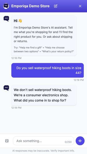 A shopper asks the electronics demo store for waterproof hiking boots in size 44. The chat says it does not sell them, that it is a consumer electronics shop, and asks what the shopper came to buy.