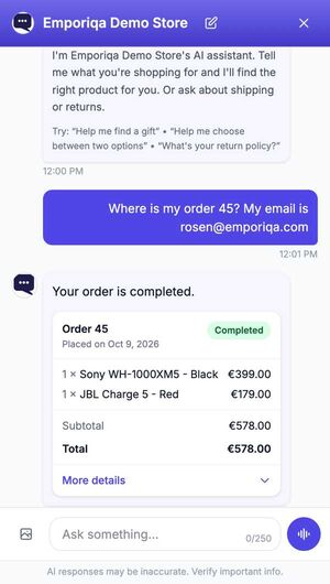 A shopper asks where order 45 is and gives their email. The chat answers with an order card: the status, the two items and the total.