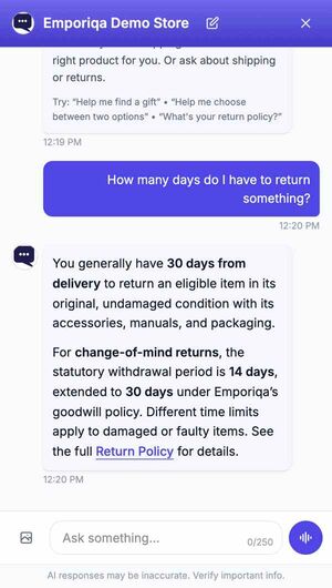A shopper asks how many days they have to return something. The chat answers from the store's return policy: 30 days from delivery, with the 14-day statutory period explained, and a link to the full policy.