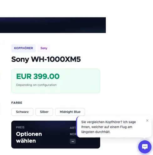 Eine Produktseite des Demo-Shops. Nach einigen Sekunden öffnet sich der Chat mit einer Nachricht zum Vergleich von Kopfhörern und einer vorgeschlagenen Frage; der Kunde tippt auf die Frage, und der Chat empfiehlt den Sennheiser Momentum 4 für den längsten Flug, mit seiner Produktkarte.