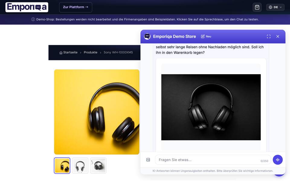 Eine Produktseite des Demo-Shops. Nach einigen Sekunden öffnet sich der Chat mit einer Nachricht zum Vergleich von Kopfhörern und einer vorgeschlagenen Frage; der Kunde tippt auf die Frage, und der Chat empfiehlt den Sennheiser Momentum 4 für den längsten Flug, mit seiner Produktkarte.