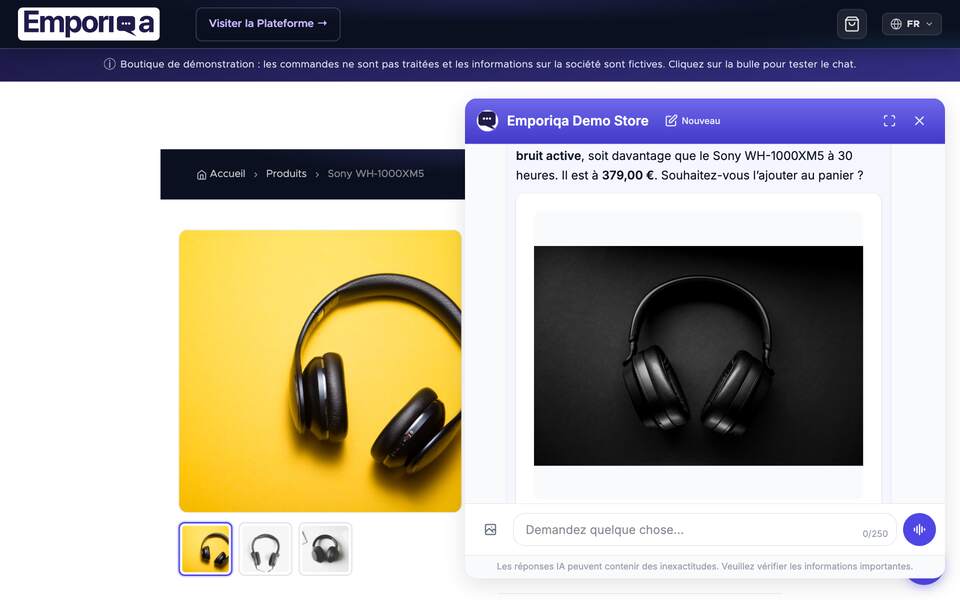 Une fiche produit de la boutique de démo. Après quelques secondes, le chat s'ouvre avec un message sur la comparaison de casques et une question suggérée ; le client appuie sur la question et le chat recommande le Sennheiser Momentum 4 pour le vol le plus long, avec sa carte produit.