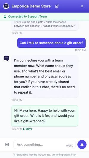 A shopper asks to talk to someone about a gift order. The chat passes the conversation on, then Maya from the store's team joins the same chat and replies.