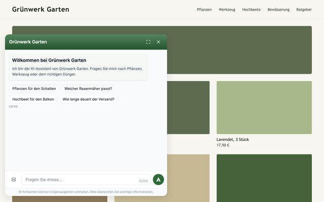 Grünwerk Garten, an example store: the chat in green, in the bottom-left corner, greeting in German.