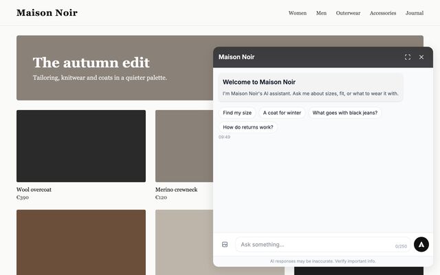 Maison Noir, an example store: the chat in black, in the bottom-right corner, greeting in English.