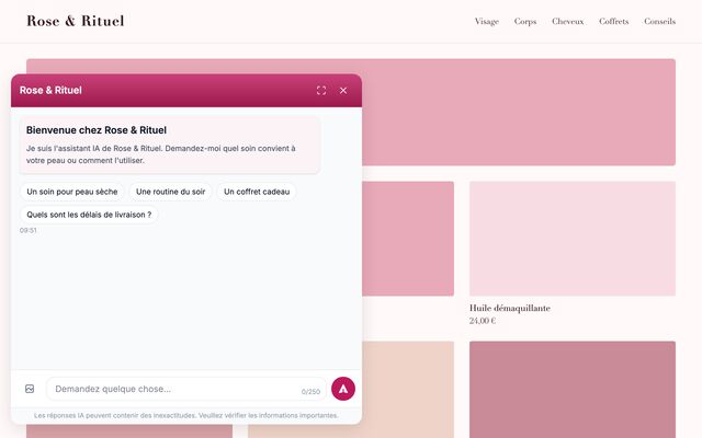 Rose & Rituel, an example store: the chat in rose, in the bottom-left corner, greeting in French.