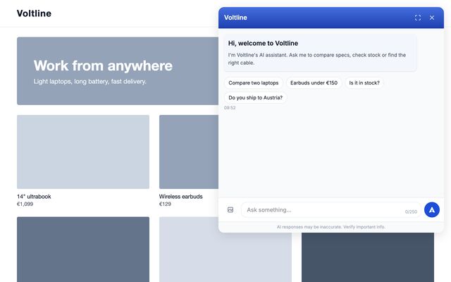 Voltline, an example store: the chat in blue, in the top-right corner, greeting in English.
