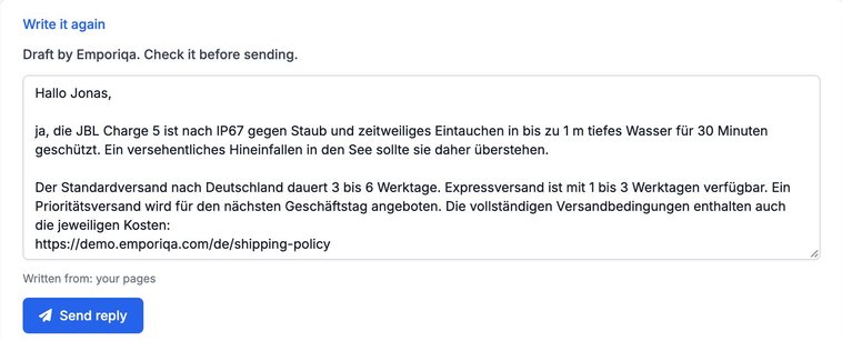 Der Antwortentwurf von Emporiqa im Dashboard auf die Frage, ob die JBL Charge 5 wasserdicht ist und wie lange der Versand nach Deutschland dauert: IP67 und die Versandoptionen aus dem Shop, mit einem Send-reply-Button.