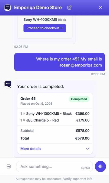 The chat on the Emporiqa Demo Store. A shopper asks whether the Sony WH-1000XM5 comes in black. The chat answers with the price and a product card, the shopper adds it to the cart from the card, then asks where order 45 is. The answer is an order card with the status, the items and the total.