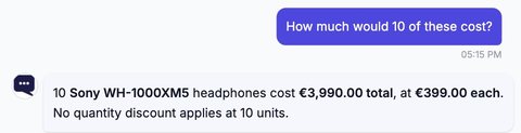 Le chat sur la boutique de démonstration. Un visiteur demande combien coûtent 10 casques Sony WH-1000XM5 et le chat répond 3 990,00 euros au total, soit 399,00 euros pièce.