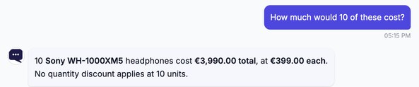 The chat on the demo store. A guest asks how much 10 Sony WH-1000XM5 headphones cost and the chat answers 3,990.00 euros in total, at 399.00 euros each.