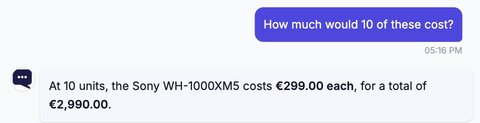 La même question posée par un client professionnel connecté : le chat répond 299,00 euros pièce, 2 990,00 euros au total.