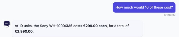 The same question asked by a signed-in trade customer: the chat answers 299.00 euros each, 2,990.00 euros in total.
