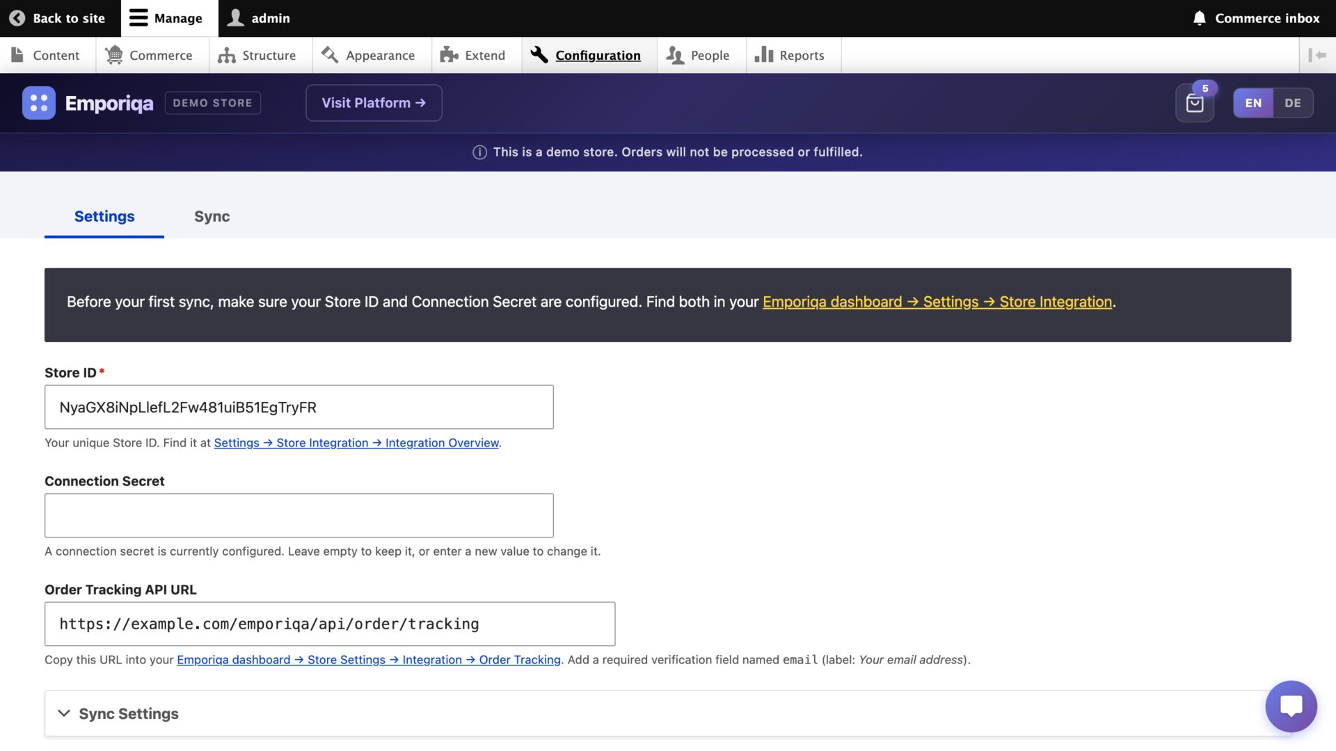 Drupal admin showing the Emporiqa Settings page with Store ID, Connection Secret, and Order Tracking API URL fields