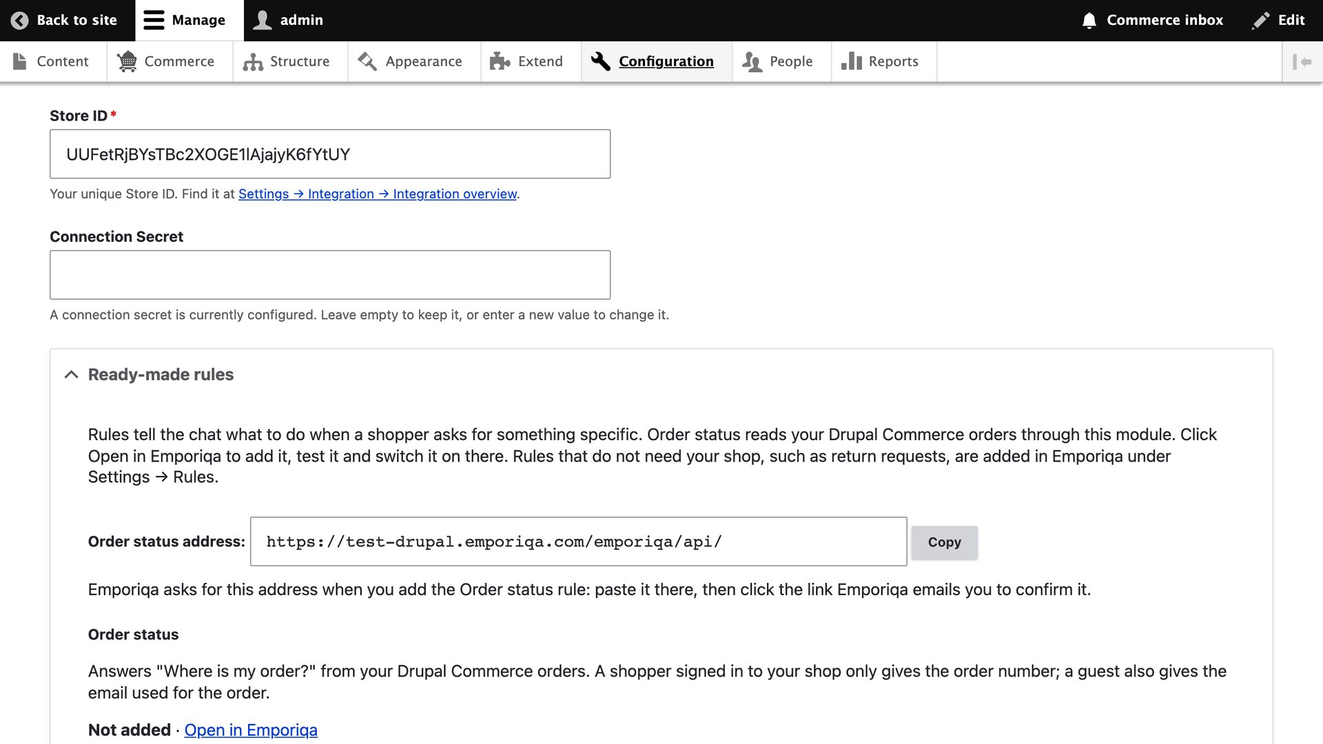 Drupal admin showing the Emporiqa Settings page with Store ID, Connection Secret, and the Ready-made rules section with the Order status address and its Copy button