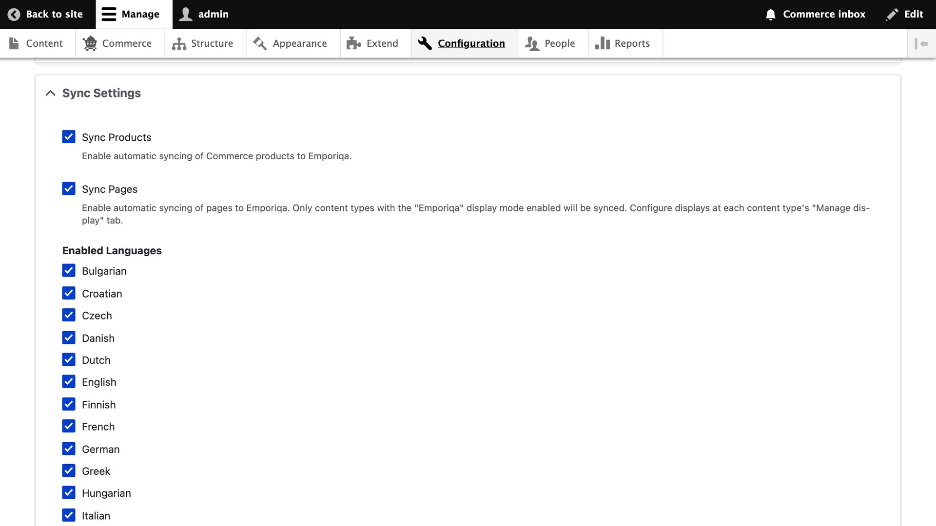 Emporiqa Settings page with Sync Settings expanded, showing Sync Products, Sync Pages, Enabled Languages, Product Types, and Page Content Types with Emporiqa Display checkboxes