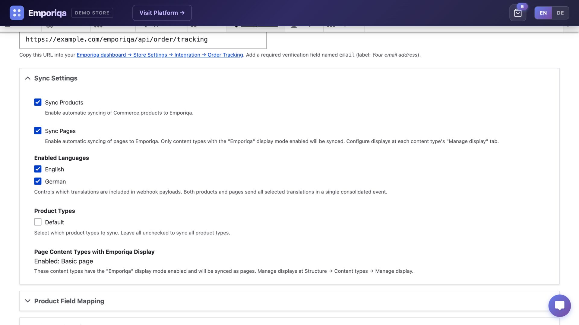 Emporiqa Settings page with Sync Settings expanded, showing Sync Products, Sync Pages, Enabled Languages, Product Types, and Page Content Types with Emporiqa Display checkboxes