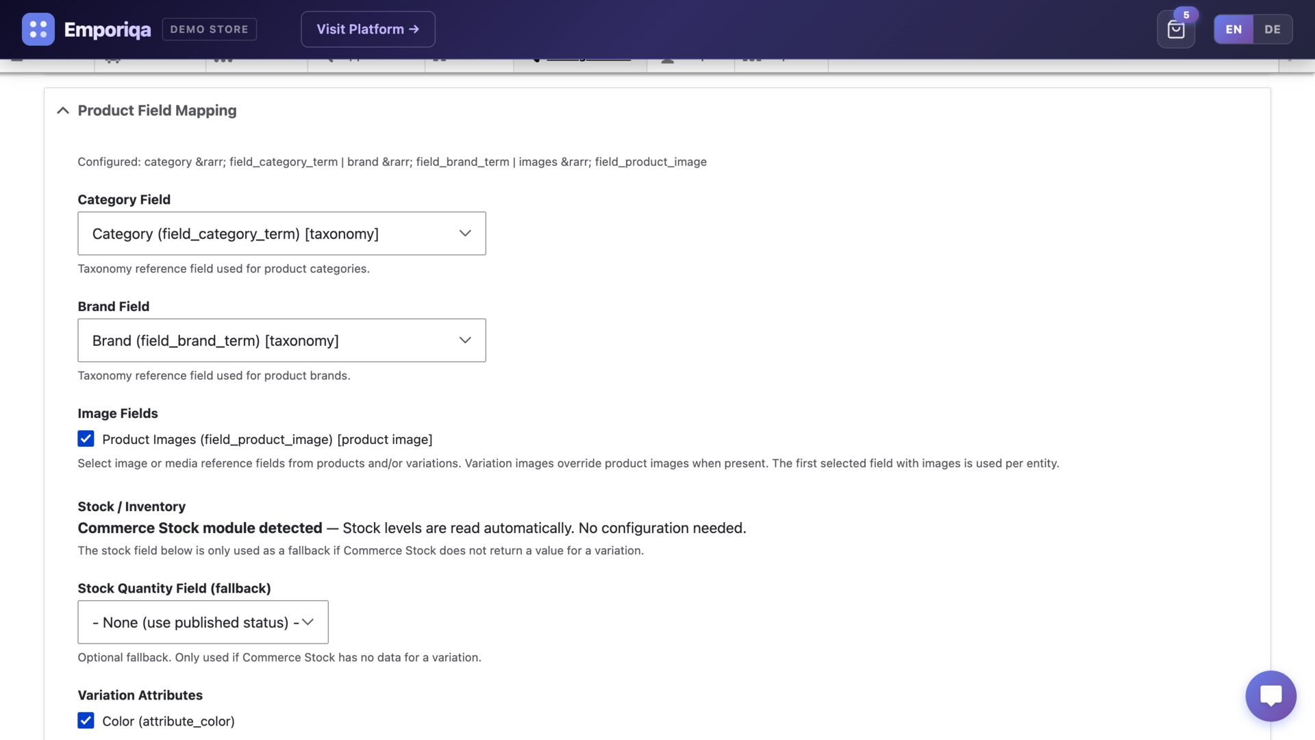 Emporiqa Settings page with Product Field Mapping expanded, showing auto-detected Category, Brand, Image, Stock, and Variation Attribute fields