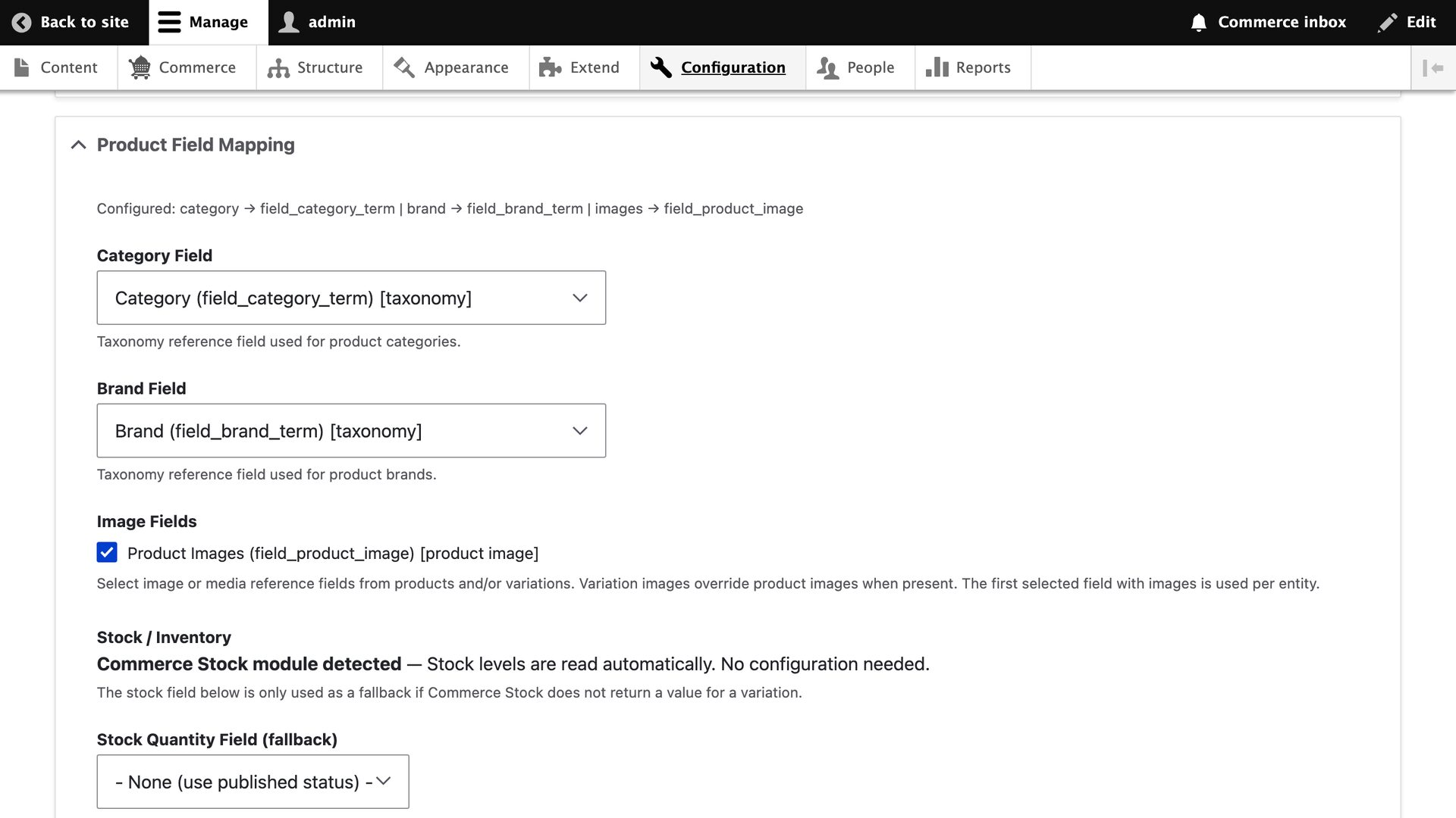 Emporiqa Settings page with Product Field Mapping expanded, showing auto-detected Category, Brand, Image, Stock, and Variation Attribute fields