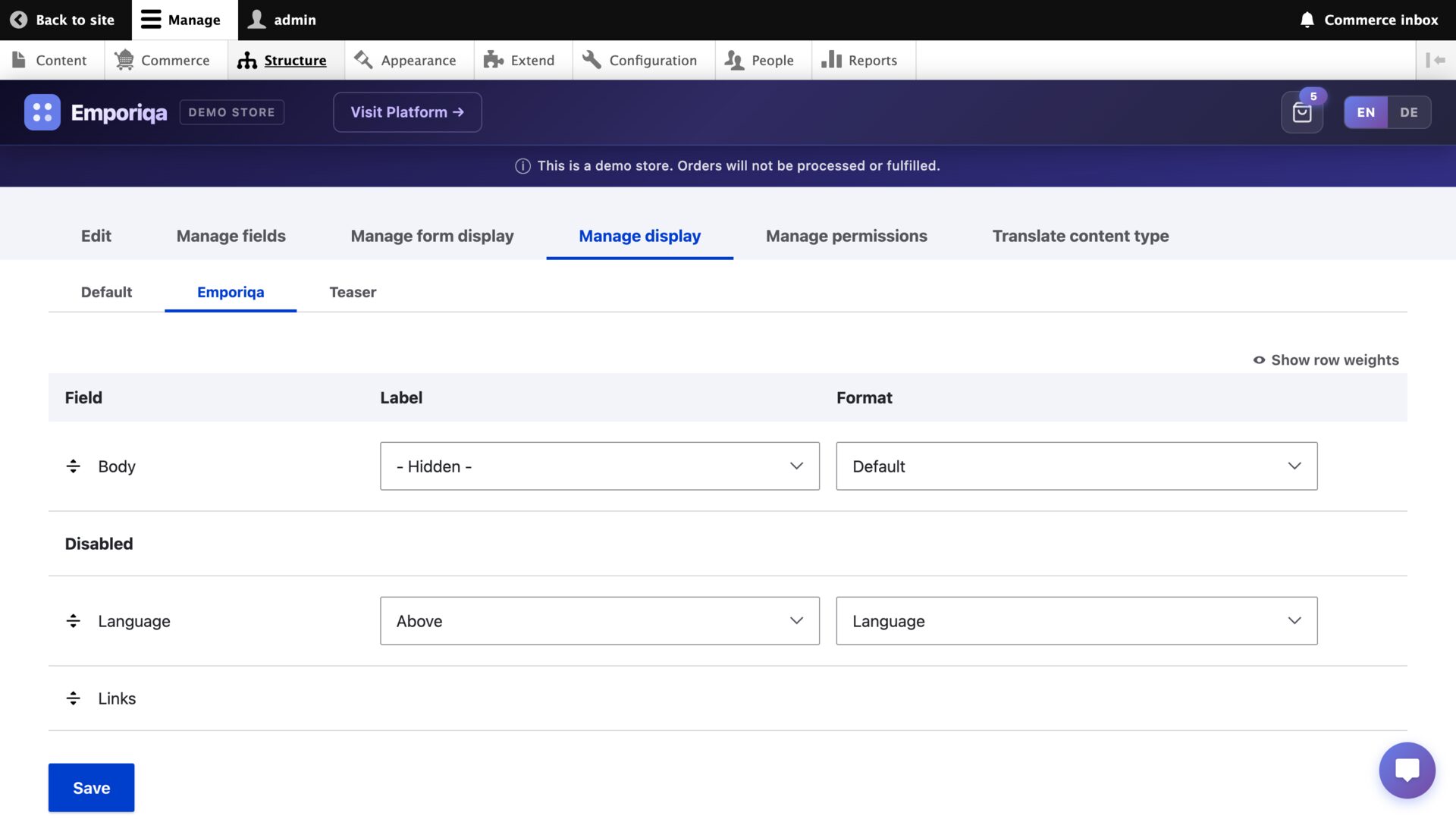 Drupal Manage display screen for a content type with the Emporiqa sub-tab active, showing Body field and Disabled fields section