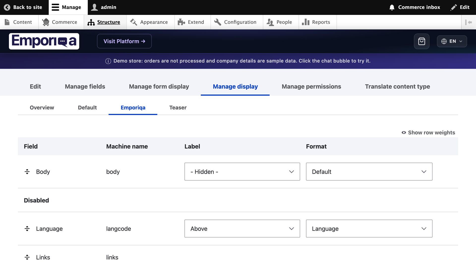 Drupal Manage display screen for a content type with the Emporiqa sub-tab active, showing Body field and Disabled fields section
