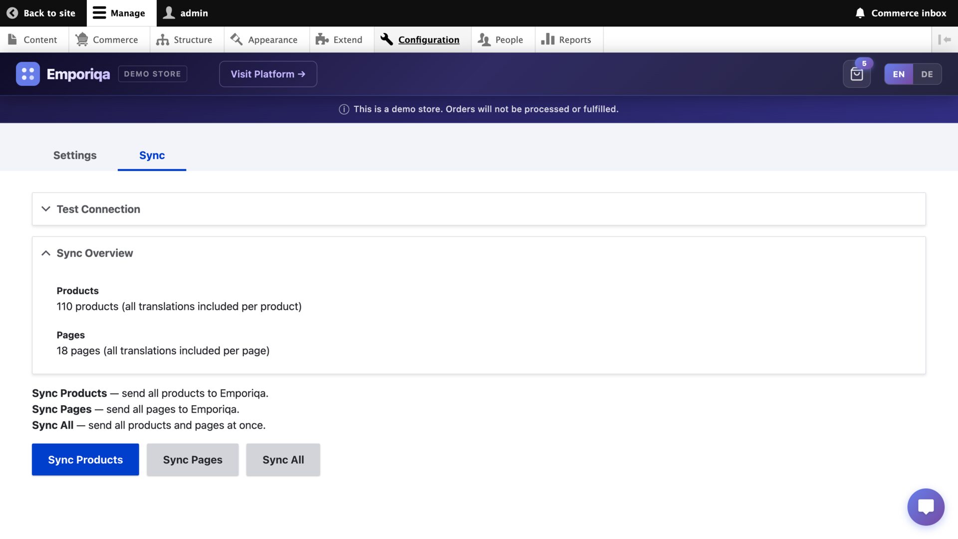 Drupal admin showing the Emporiqa Sync tab with Test Connection panel, Sync Overview with product and page counts, and Sync Products/Pages/All buttons