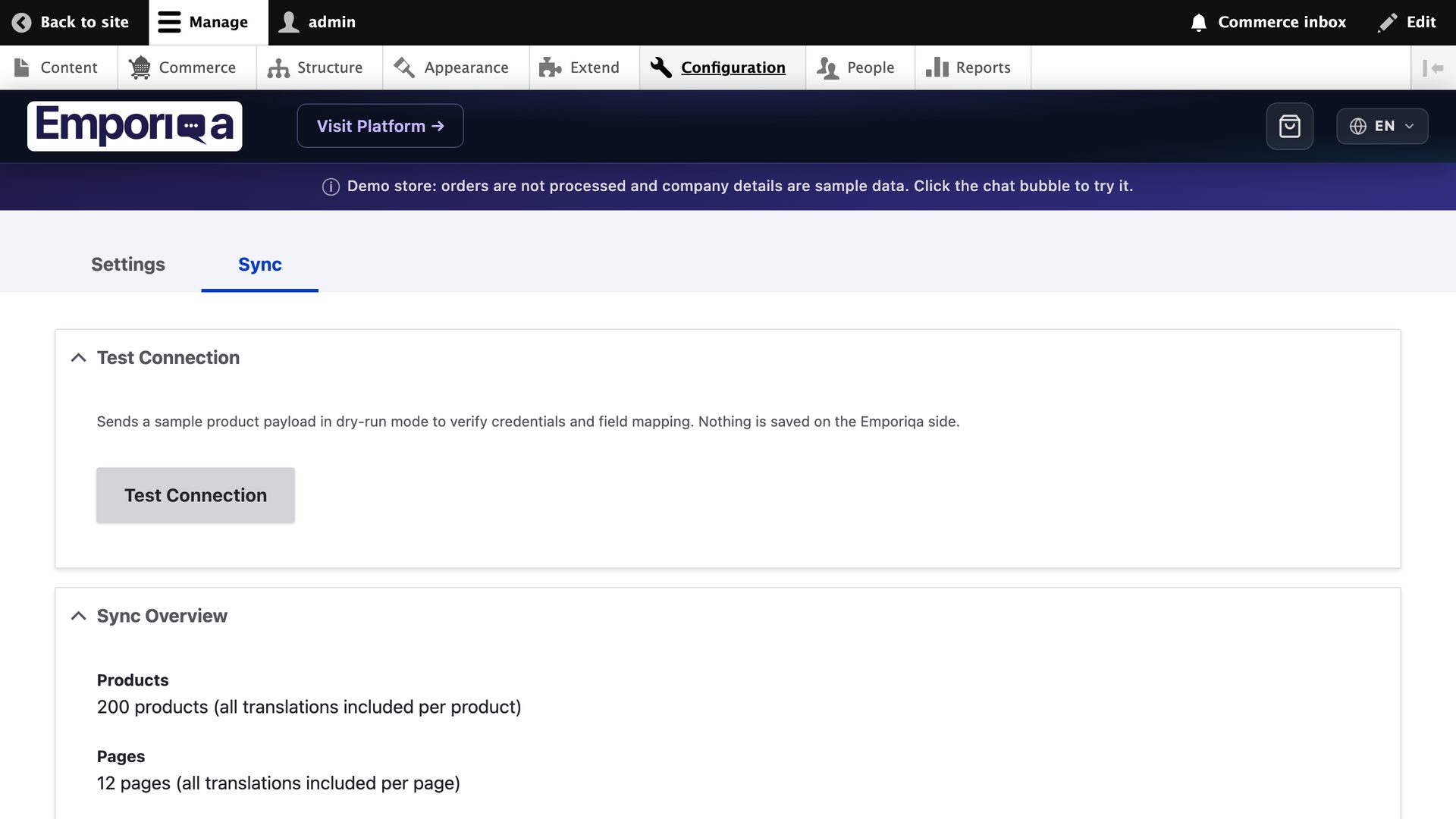 Drupal admin showing the Emporiqa Sync tab with Test Connection panel, Sync Overview with product and page counts, and Sync Products/Pages/All buttons
