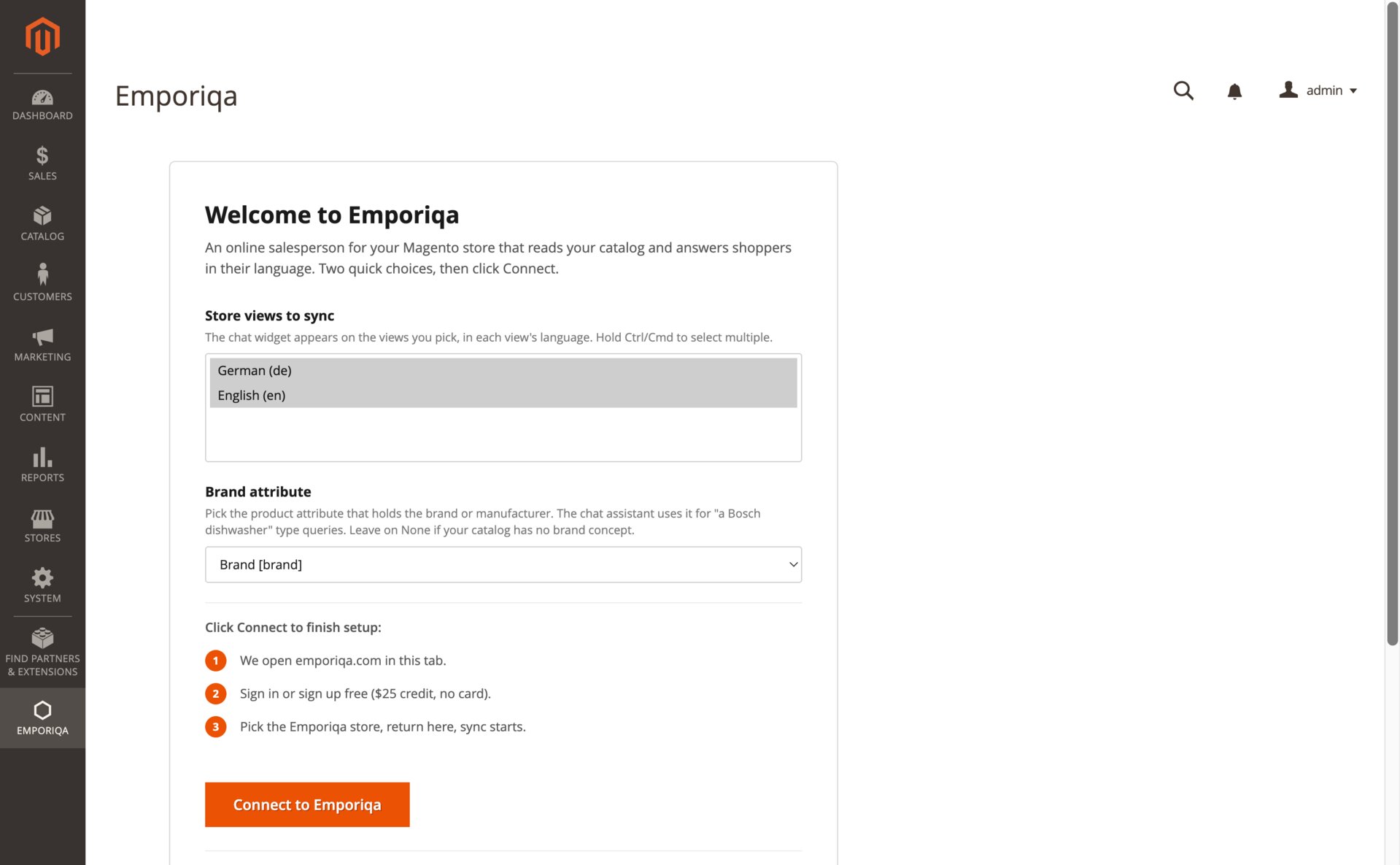 Magento admin Emporiqa Sync Dashboard showing the Welcome to Emporiqa card with a Store views to sync multi-select (German and English selected), a Brand attribute dropdown set to Brand, a three-step instruction list, and a Connect to Emporiqa button
