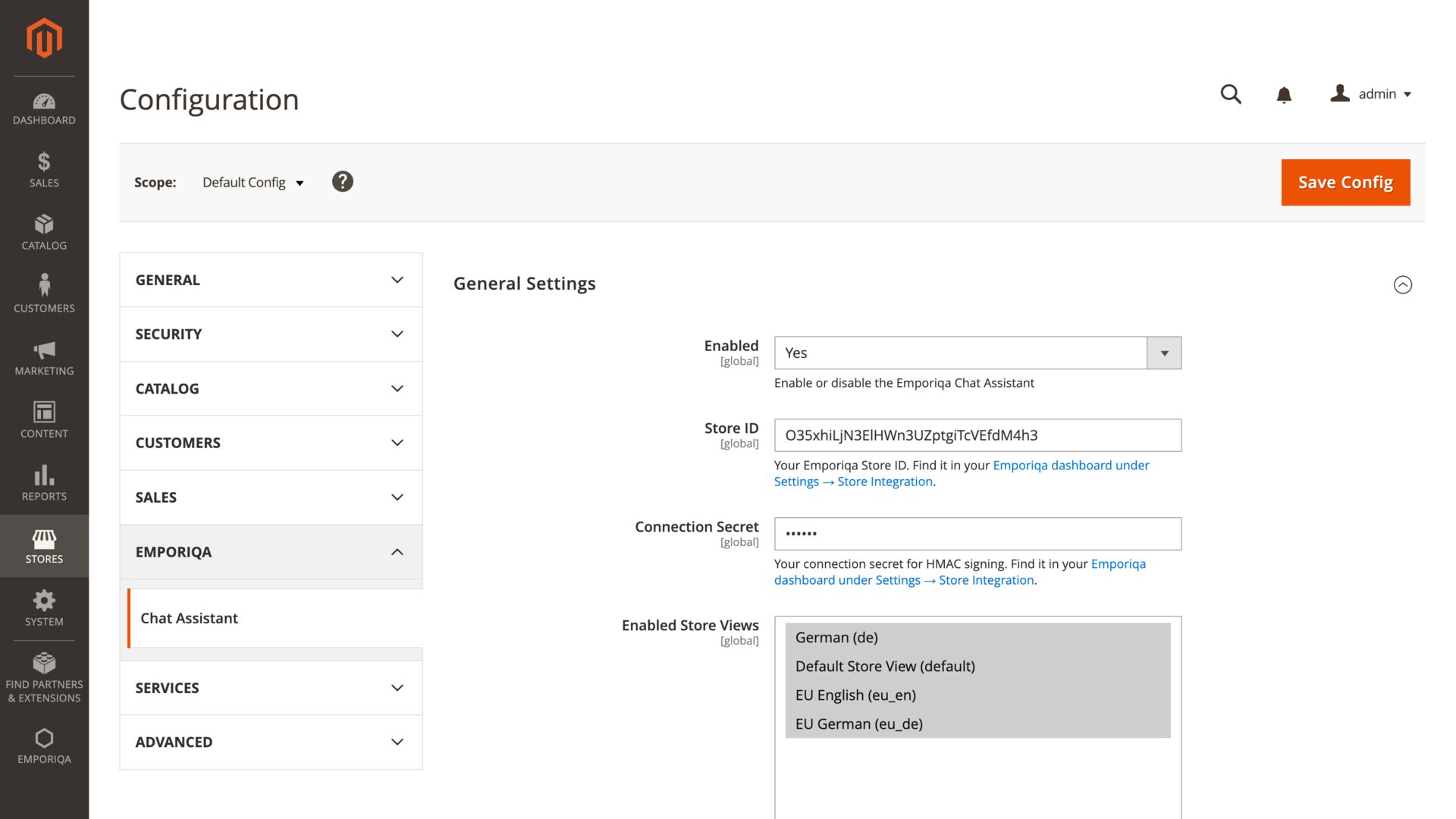 Magento admin Stores > Configuration > Emporiqa > Chat Assistant > General Settings showing Enabled, Store ID, Connection Secret, and Enabled Store Views