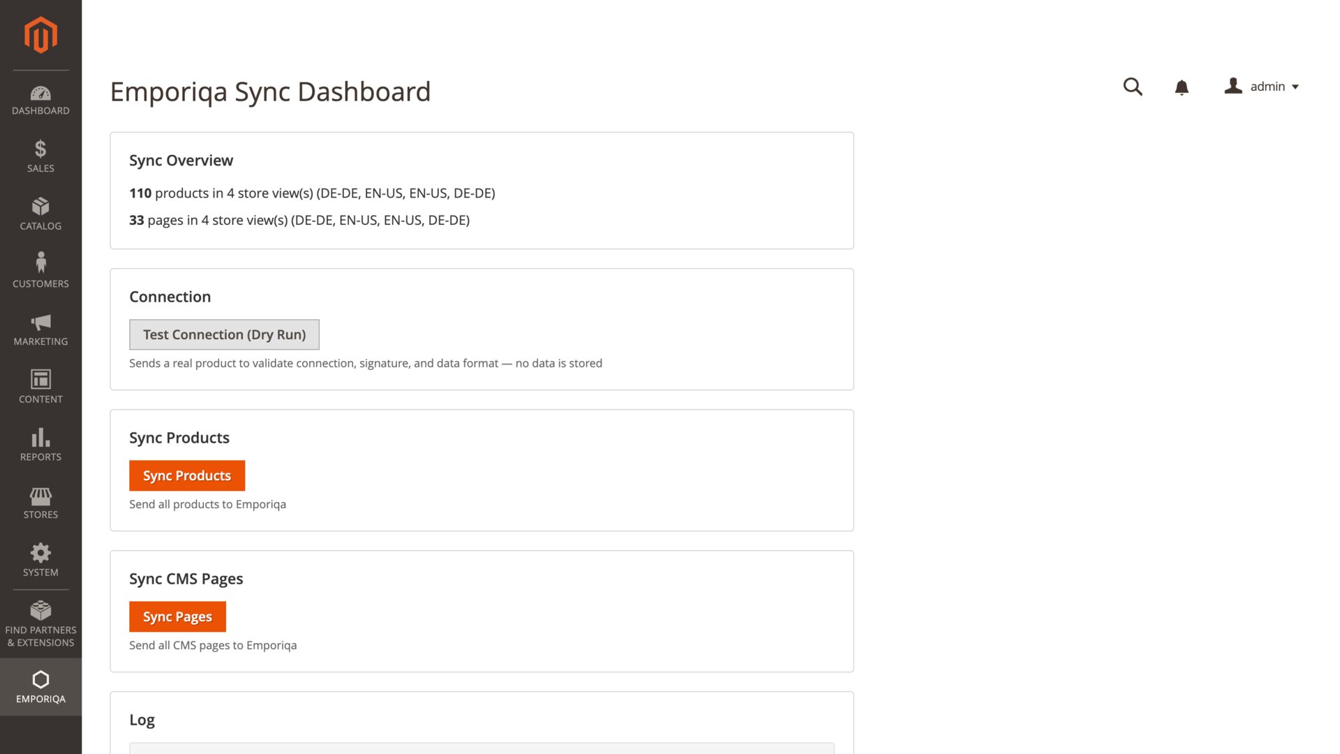 Emporiqa Sync Dashboard in Magento admin showing Sync Overview with 110 products and 33 pages across four store views, Test Connection Dry Run, Sync Products, and Sync CMS Pages actions