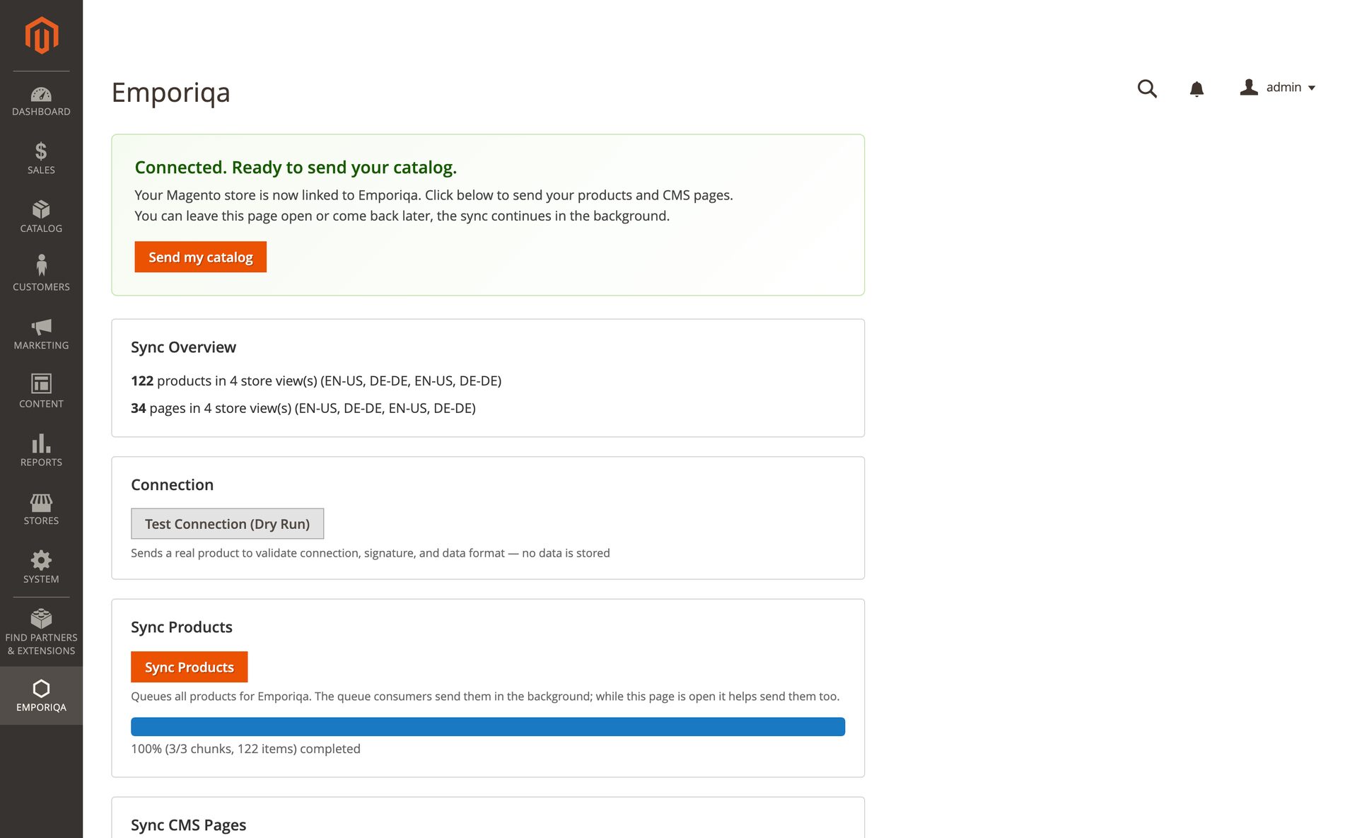 The Emporiqa page in the Magento admin: a green Connected. Ready to send your catalog. card with a Send my catalog button; Sync Overview with 122 products in 4 store view(s) (EN-US, DE-DE, EN-US, DE-DE) and 34 pages in 4 store view(s); the Connection card with Test Connection (Dry Run); the Sync Products card, which says it queues all products for Emporiqa for the queue consumers to send in the background, with a full progress bar reading 100% (3/3 chunks, 122 items) completed; and the start of the Sync CMS Pages card