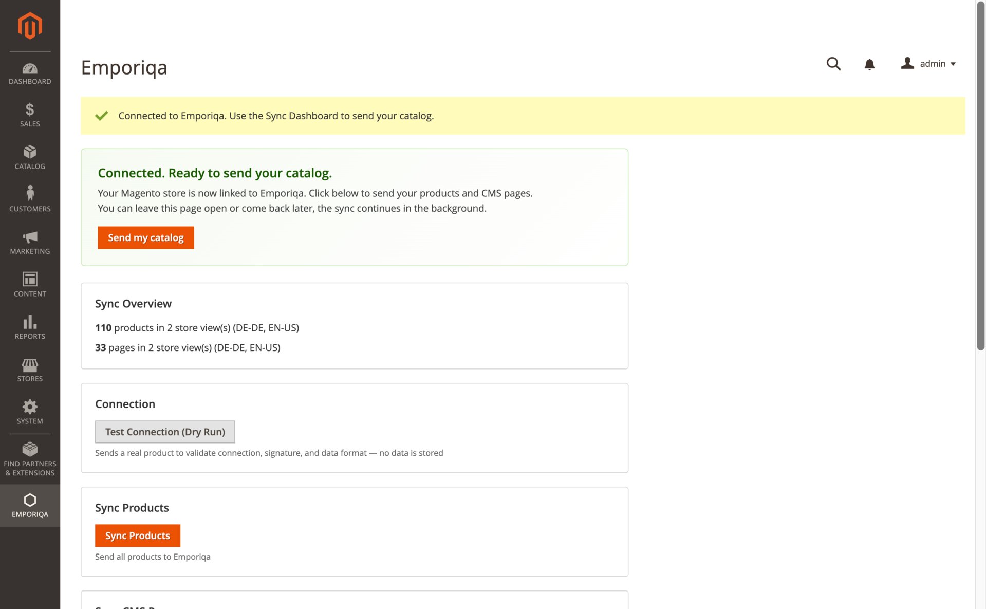 Emporiqa Sync Dashboard in Magento admin showing the post-connect Connected to Emporiqa banner, a green Connected. Ready to send your catalog. card with the Send my catalog button, then Sync Overview with 110 products and 33 pages across 2 store views, Test Connection (dry run), and Sync Products actions
