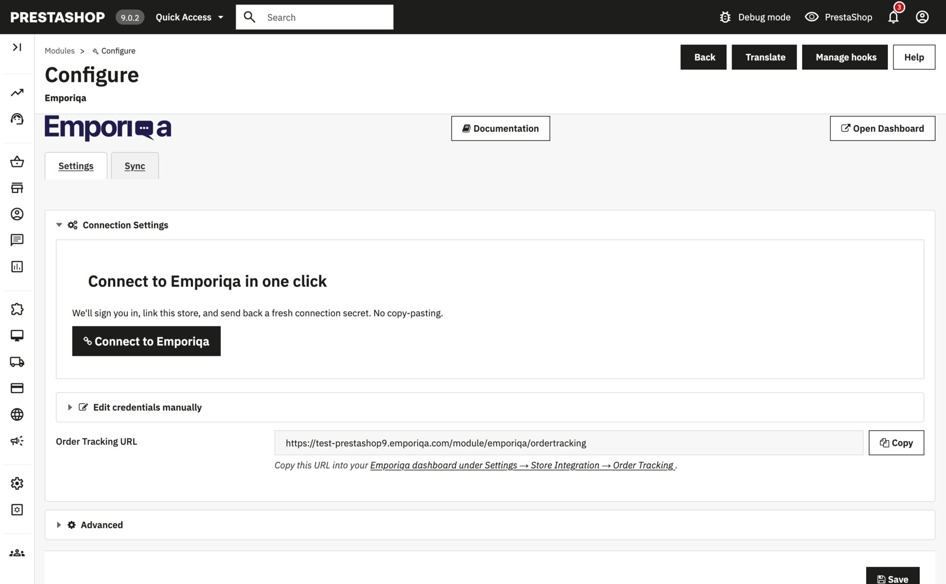 Emporiqa module Configure page in PrestaShop admin showing the Connection Settings card with a primary Connect to Emporiqa button and a collapsed Edit credentials manually disclosure below
