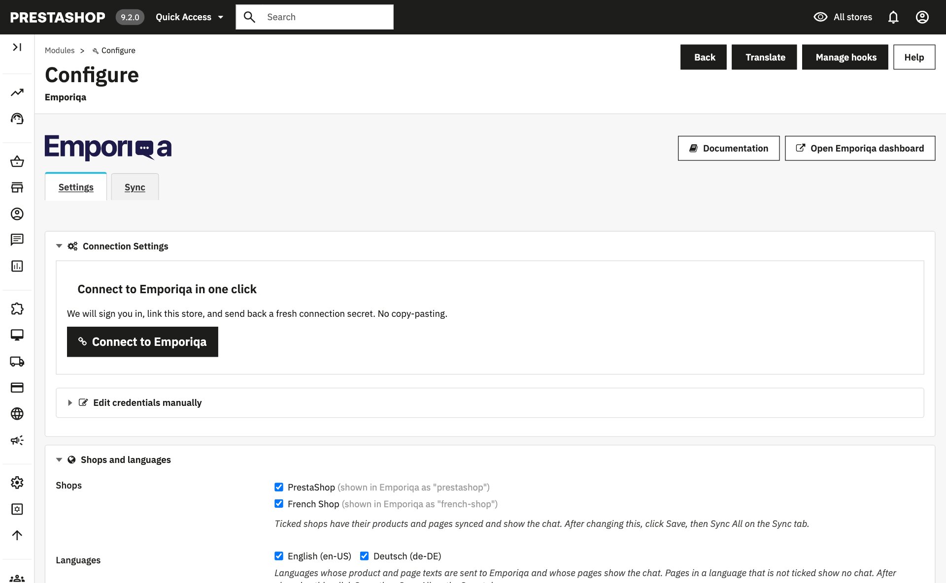 Die Konfigurationsseite des Emporiqa-Moduls im PrestaShop-9-Backoffice (englische Oberfläche). Connection Settings zeigt eine Schaltfläche Connect to Emporiqa und einen eingeklappten Bereich Edit credentials manually. Darunter listet Shops and languages zwei angehakte Shops.