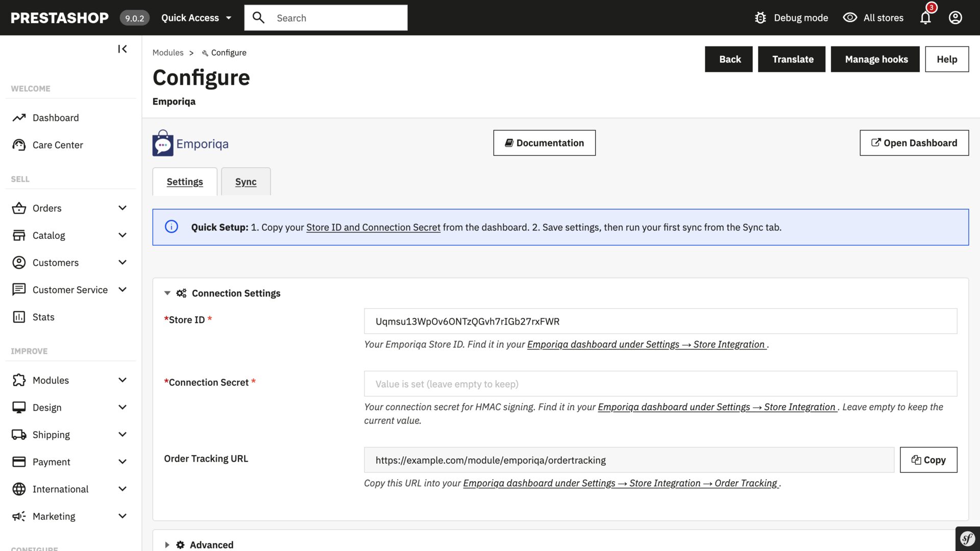 Emporiqa module Configure page in PrestaShop admin showing the Connection Settings form with Store ID, Connection Secret, and Order Tracking URL fields