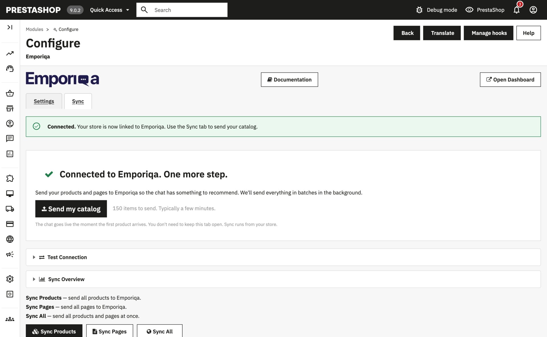 PrestaShop Emporiqa module Sync tab showing the green Connected welcome card with a Send my catalog button, an item-count line, and Test Connection + Sync Overview below