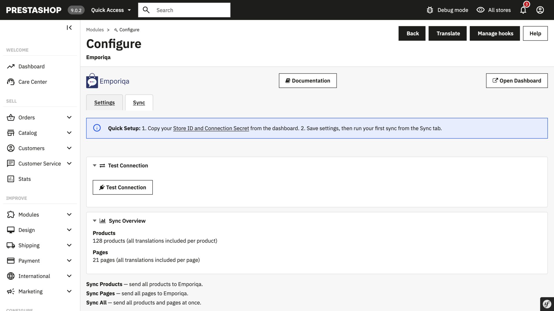 PrestaShop Emporiqa module Sync tab showing Test Connection button, Sync Overview with product and page counts, and Sync Products/Pages/All buttons