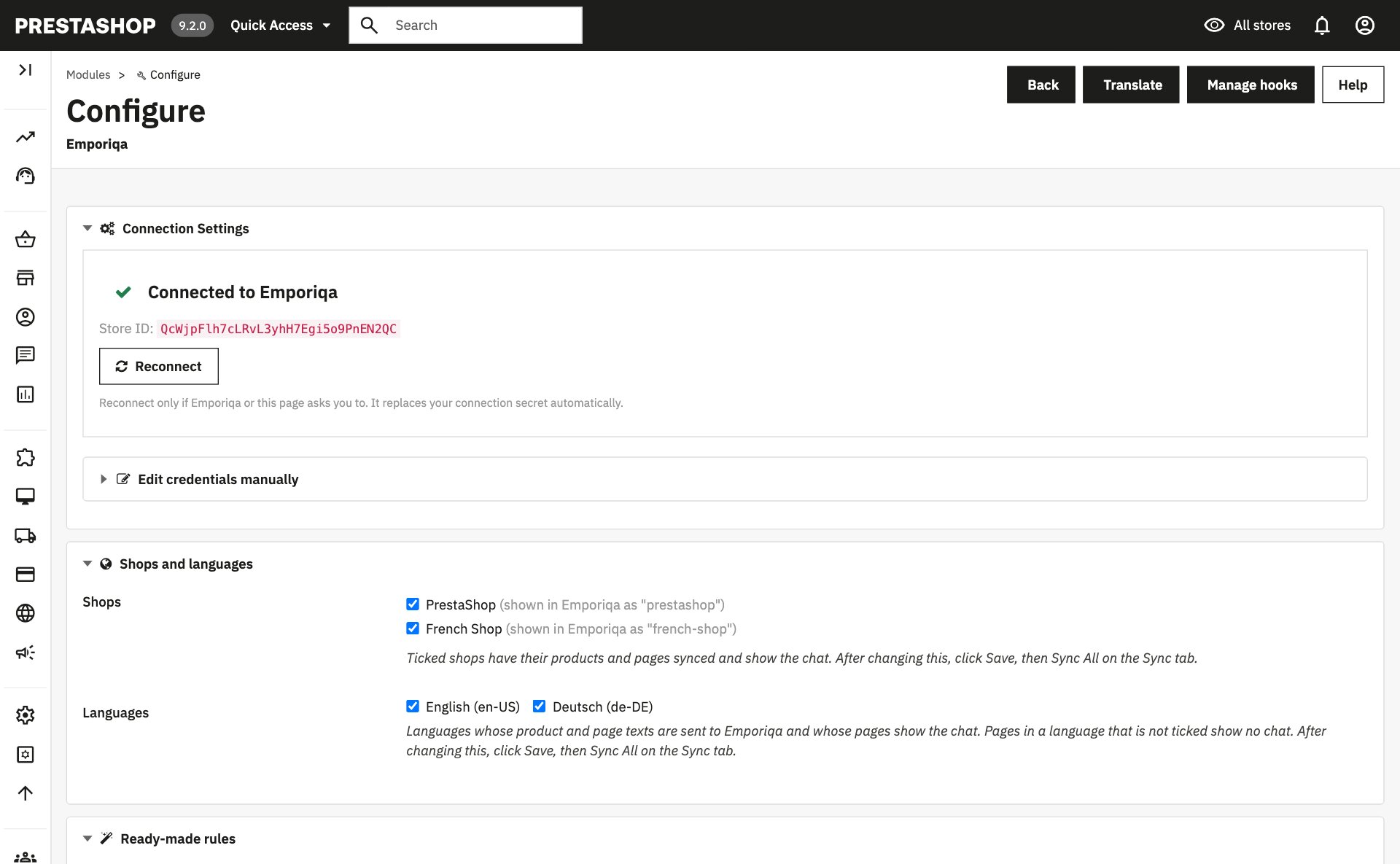 Connection Settings zeigt Connected to Emporiqa mit der Store ID und einer Schaltfläche Reconnect (englische Oberfläche). Darunter Shops and languages mit zwei angehakten Shops und den angehakten Sprachen English (en-US) und Deutsch (de-DE).