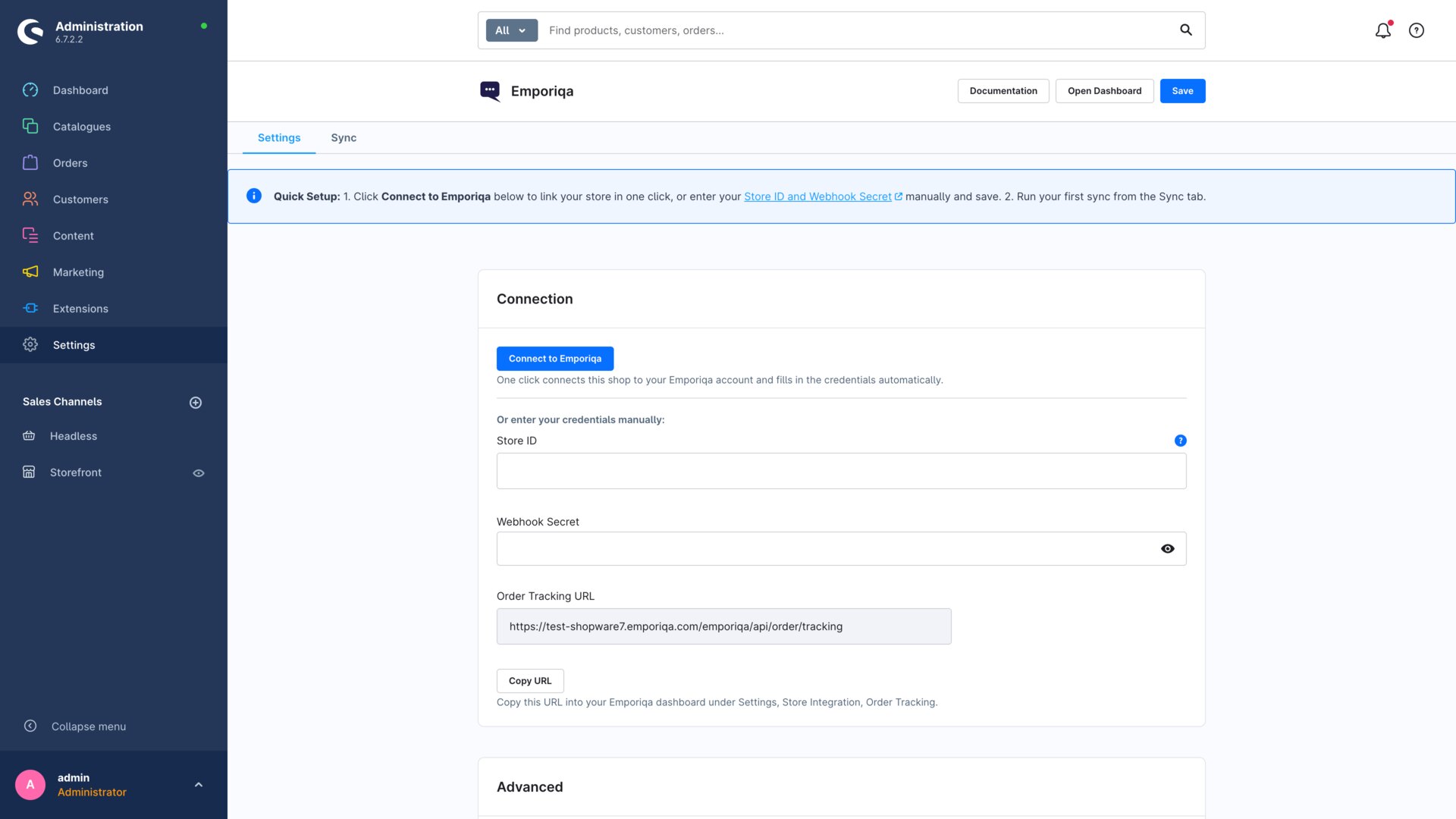 Shopware Administration showing the Emporiqa Settings tab with the Connection card, Connect to Emporiqa one-click button, Store ID, Webhook Secret, and Order Tracking URL