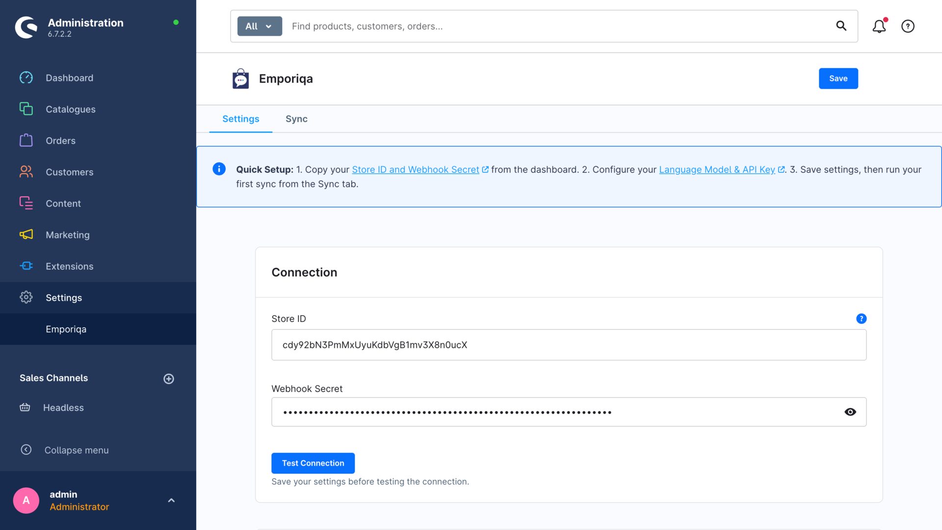 Shopware Administration showing the Emporiqa Settings tab with Connection card, Store ID, Webhook Secret, and Test Connection button